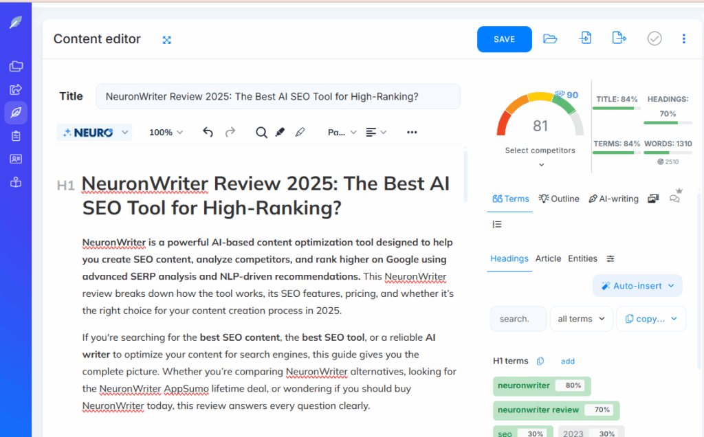 Neuronwriter Optimization score